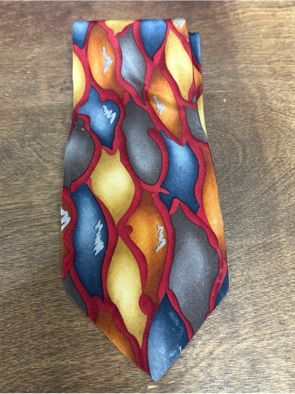 Vintage Men's Patterned Silk Tie in Blue, Gold, Gray and Red